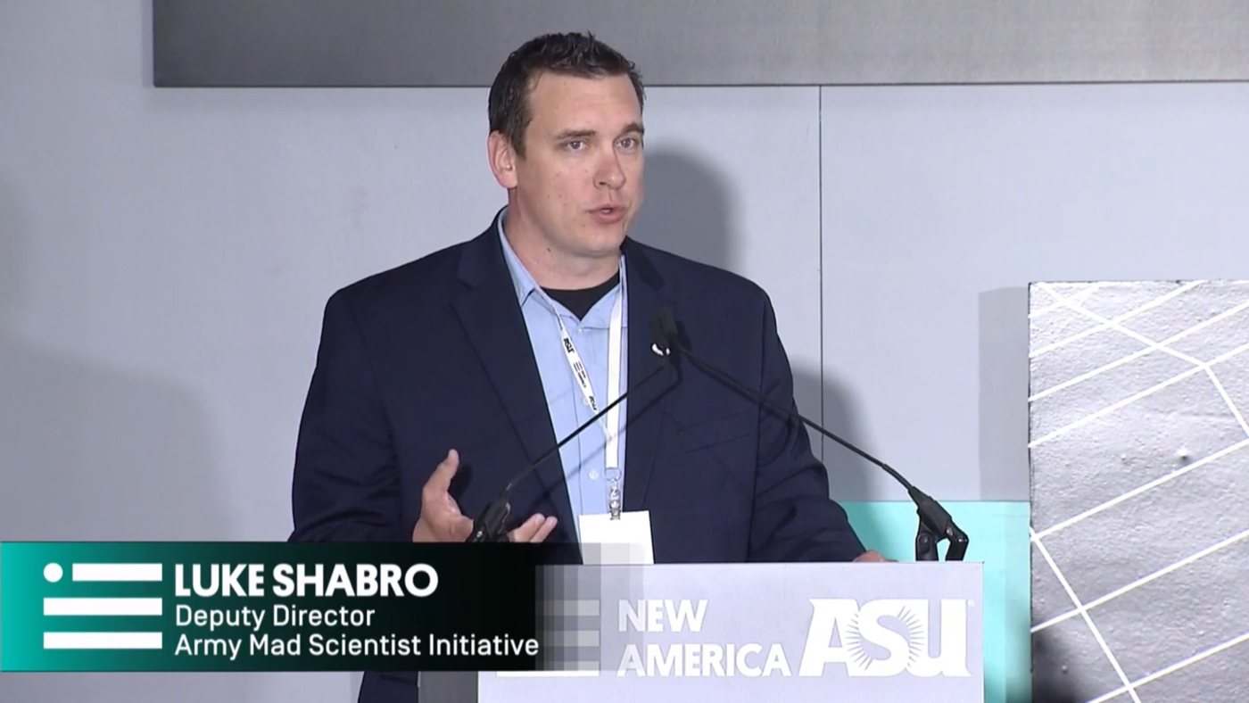 Luke Shabro speaking at an ASU and New America event